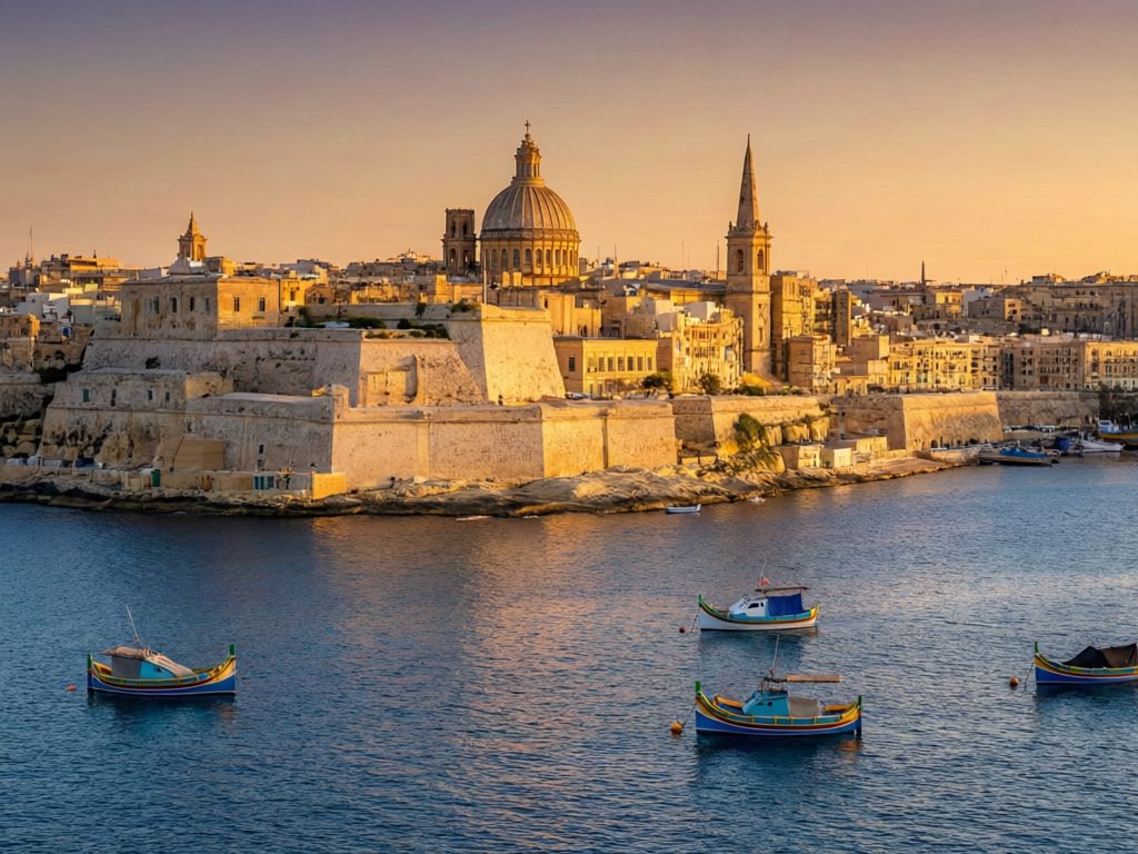 Valletta waterfront in Malta at golden hour